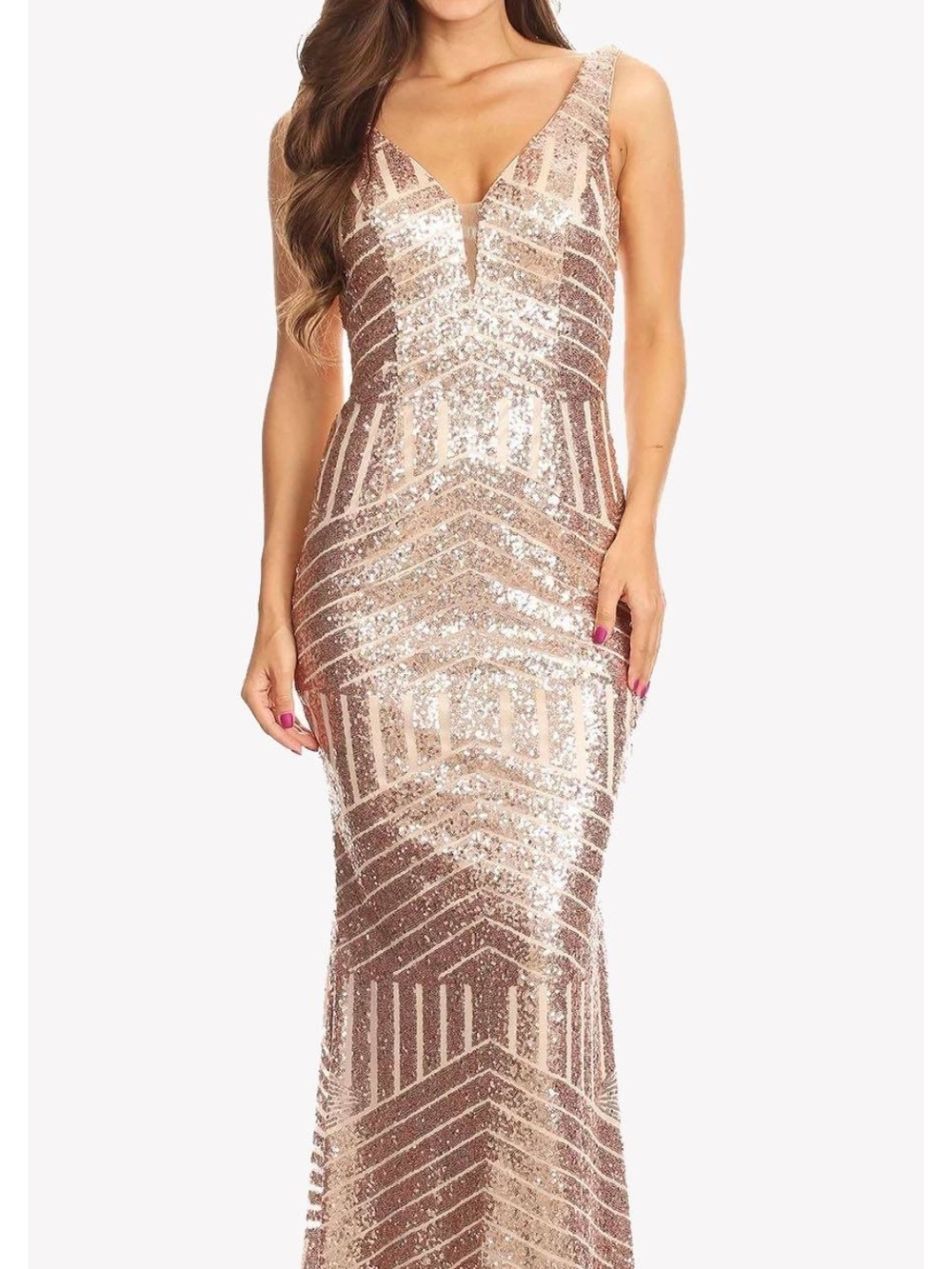 Sequin V-Neck Maxi Dress in Rose Gold